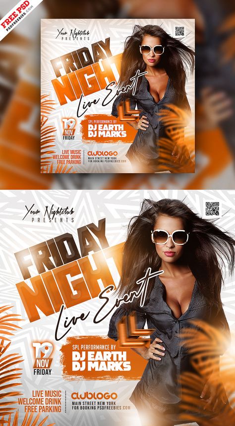 Introducing the our Free Weekend Dj Party Post Design PSD Template! This psd template is designed to promote any kind of club night party, whether it’s a rock music event, urban festival, concert, festival, or just a weekly party at a music club. It’s the perfect choice for creating a buzz and getting everyone excited for the event. Party Ads Design, Concert Poster Design Ideas, Music Festival Poster Design Graphics, Concert Post Ideas, Music Event Logo, Night Club Poster Design, Dj Poster Design, Live Concert Poster, Festival Post Design