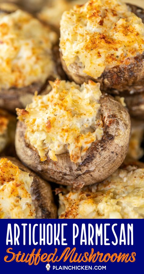 Parmesan Stuffed Mushrooms, Cheesy Stuffed Mushrooms, Marinated Artichokes, Stuffed Mushrooms Easy, Mushroom Appetizers, Italian Night, Make Ahead Appetizers, Stuffed Mushroom, Dinner Appetizers