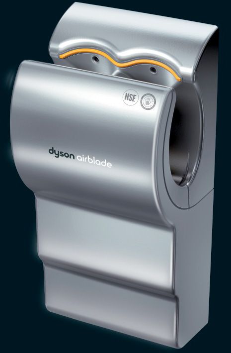 I'm usually not one to get exited about Hand-dryers, but the Dyson airblade really is something special. Instead of just blowing hot air at you, the airblade "scrapes" the water off your hand in a matter of seconds. I've used one, it really does work. It also goes to show how "design" is not just about looks, but about functionality. Dyson Hand Dryer, Dyson Airblade, Air Blade, Washroom Accessories, Hand Dryer, Man Cave Basement, Decoration Restaurant, Hand Dryers, Public Restroom