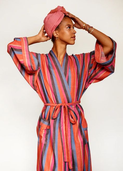 Super soft, richly hued, 100% cotton robes. Ethically handwoven on looms in India to keep you cozy and cool with stripes that stand out. Long, elegant, stylish and perfect for a bachelorette. Made in small batches with a Fair Trade Organization. Tub Time, Drop Sleeve, Hair Wraps, Pink Coral, Coral Blue, Sleepwear Robe, Make Up Bag, Size 16 Dresses, Blue And Black