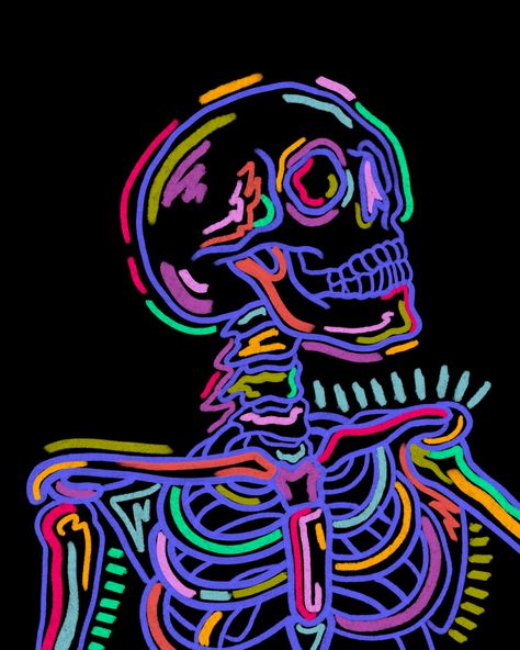 A Drawing, Black Background, Skeleton, Neon, Canvas, Black, Art