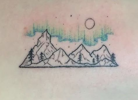 Sleeping Lady Mountain Alaska Tattoo, Small Northern Lights Tattoo, State Of Alaska Tattoo, Aurora Borealis Tattoo Black And White, Alaska Inspired Tattoos, Northern Lights Tattoo Black And White, Aurora Tattoo Ideas, Alaska Tattoo Ideas, Alaska Tattoos