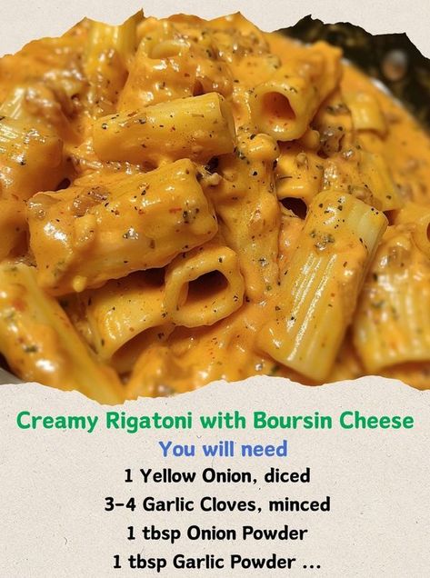 Cooking Family Recipes | Creamy Rigatoni with Boursin Cheese | Facebook Ground Beef Boursin, Boursin Cheese Pasta With Sausage, Creamy Rigatoni With Boursin Cheese, Boisin Cheese Orzo, Recipes With Boursin Cheese, Boursin Garlic And Herb Cheese Recipes, Creamy Rigatoni, Boursin Cheese Recipes, Boursin Cheese