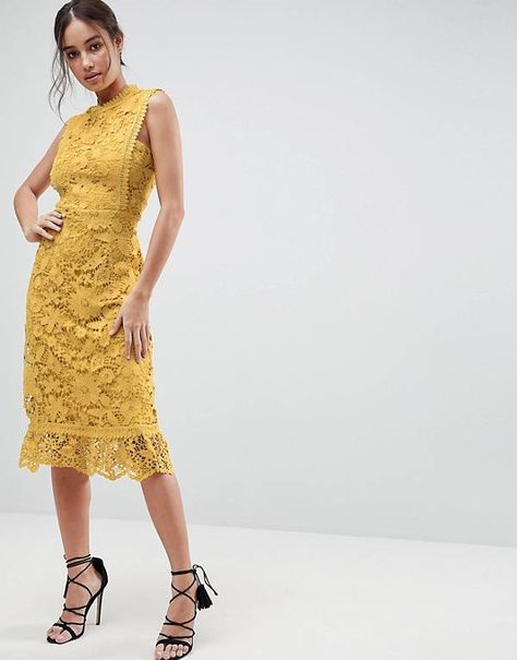 Boohoo Bib Detail Lace Midi Dress Bohemian Bridesmaid Dress, Wedding Guest Outfit Fall, Wedding Guest Outfits, Frock And Frill, Fall Wedding Guest, Dress With Pleats, Bridesmaid Dress Styles, Boohoo Dresses, Yellow Sun