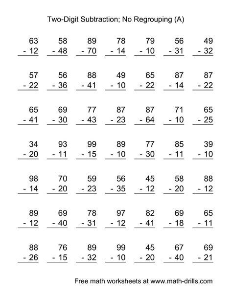 2-Digit Subtraction With No Regrouping (LP) Math Subtraction Worksheets, Easy Math Worksheets, Math Fact Worksheets, Subtraction With Regrouping, Math Practice Worksheets, Math Addition Worksheets, First Grade Math Worksheets, Free Printable Math Worksheets, Math Drills