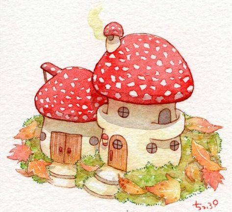 Cute Fantasy Art, Mushroom Houses, Mushroom House, Watercolor Painting, Fantasy Art, Art, Watercolour Painting