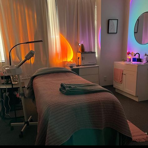 Fun Esthetician Room, Esthetician Room Lighting Ideas, Aesthetic Practitioner Room, Esthetician Room Green, Colorful Esthetician Room, Earthy Esthetics Room, Esthetician Shed, Waxing Room Ideas Estheticians, Esthetician Aesthetic Room