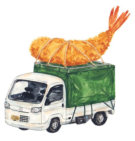 Tempura Illustration, Tempura Drawing, Truck Illustration, Japanese Food Illustration, Japan Illustration, Food Drawings, Food Artwork, Food Illustration, Japan Food