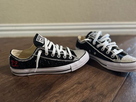 Black Bedazzled Converse, Black And Silver Shoes, Bedazzled Converse, Birthday Sweet 16, Converse Slip On, Black Chucks, Bling Converse, Dance Sneakers, Black Homecoming Dress