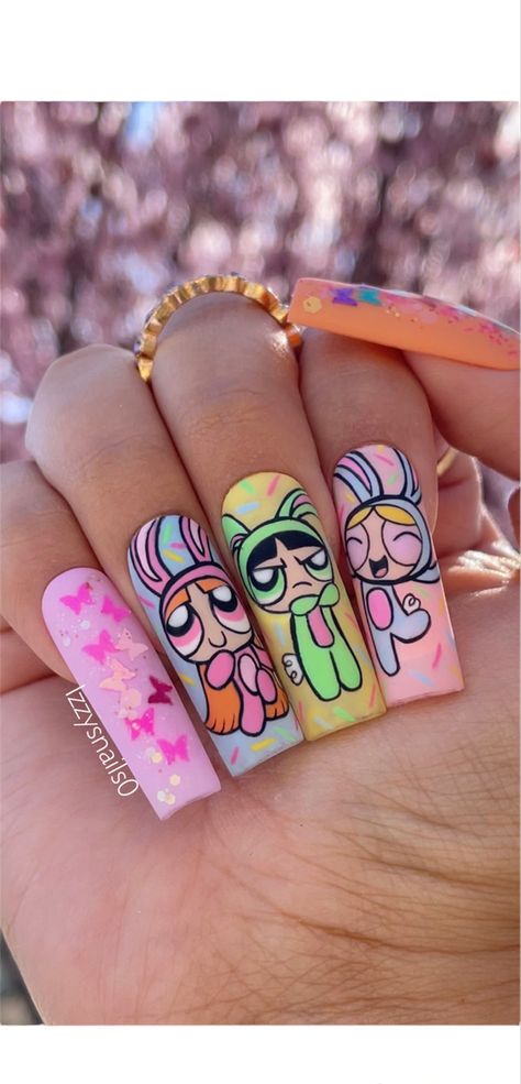 Power Puff Nail Art, Nail Character Art, Nails With Cartoon Characters, Disney Acrylic Nail Designs, Disney Character Nail Designs, Power Puff Nails, Cute Cartoon Nails, Powerpuff Nails, Cartoon Character Nail Art