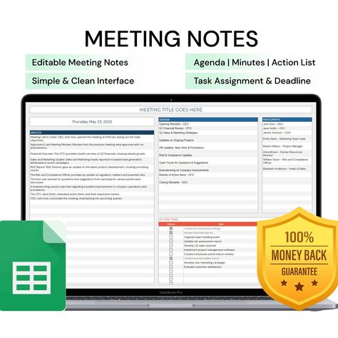 ⏩Welcome to our Meeting Notes Template, a comprehensive tool designed to make your meetings more effective and organized. Whether you are hosting a conference, leading a team meeting, or simply jotting down notes online, this template provides the structure you need to keep your discussions on track and your action items clear. From drafting your agenda to summarizing your meeting's outcomes, our template streamlines every step of your process. ⏩ Unique Features of our Meeting Notes Template inc Team Meeting Agenda, Meeting Notes Template, Meeting Agenda Template, Meeting Agenda, To Do Checklist, Scrum Master, Kanban Board, Notes Online, Gantt Chart