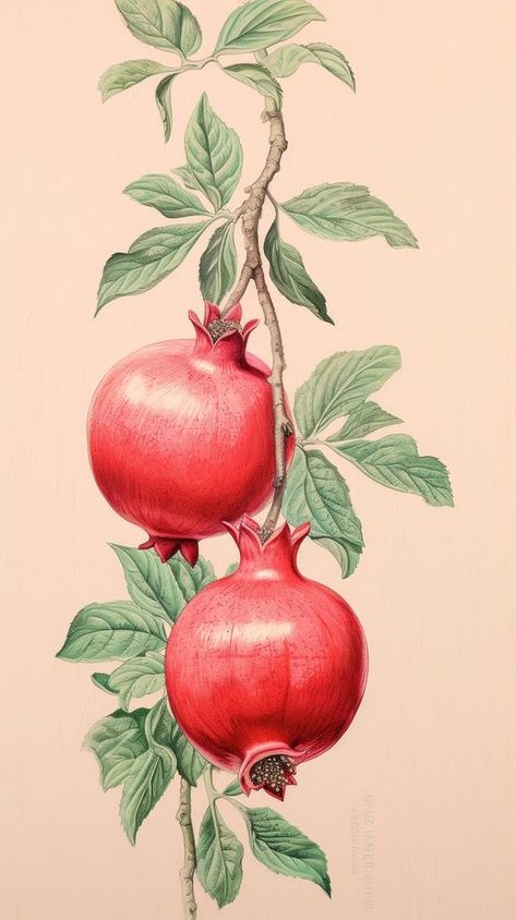 Apple Branch Drawing, Pomegranate Tree Drawing, Pomegranate Ideas, Wallpaper Pomegranate, Pomegranate Background, Sketch Fruit, Pomegranate Drawing, Apple Drawing, Tree Branch Art