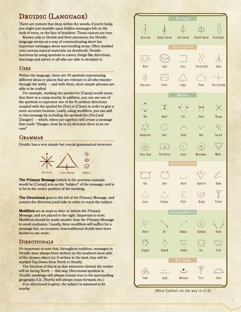 [OC] The Druidic Language: A Comprehensive Guide To Druidic Markings and Symbols (5 Pages) - Imgur Druidic Language, Dnd Languages, Druid Symbols, Dungeons And Dragons Rules, Dnd Druid, Dnd Stories, Dnd Races, Dnd Classes, Dungeon Master's Guide