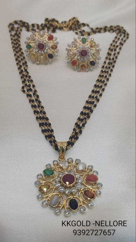 Navratna Jewellery Pendants, Navratna Pendant Gold, Navratna Pendant Set, Navarathan Pendant, Navratna Mangalsutra, Black Beads Diamond Pendant, Black Beads With Diamond Pendant, Black Diamonds Chains, Navaratna Lockets