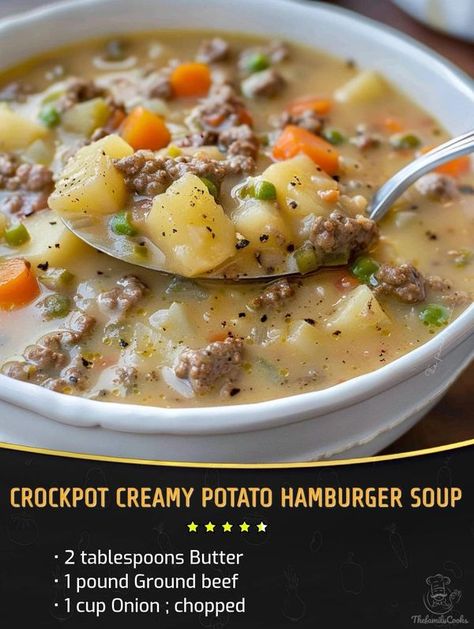 Ina Garten 🍲 | Crockpot Creamy Potato & Hamburger Soup 😋😋 | Facebook Potato And Hamburger Soup, Potato And Hamburger, Best Hamburger Soup Recipe, Potato Hamburger Soup, Hamburger Potato Soup, Comfort Soup Recipes, Hamburger Soup, Crockpot Soup Recipes, Comfort Soup