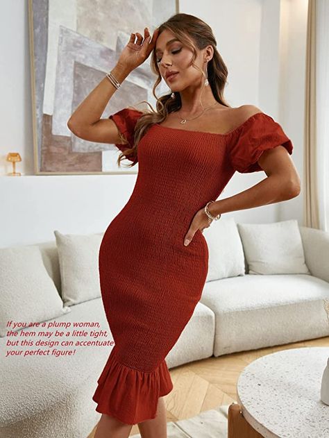 Amazon.com: BerryGo Women's Smocked Bodycon Off Shoulder Puff Short Sleeve Mermaid Dress Ruffle Shirred Party Cocktail Pencil Midi Dress Apricot S : Clothing, Shoes & Jewelry Stylish Formal Dresses, Pencil Midi Dress, Cocktail Dresses With Sleeves, Midi Pencil Dress, Warm Dresses, Midi Sheath Dress, Bodycon Midi, Mermaid Dress, Midi Dress Bodycon