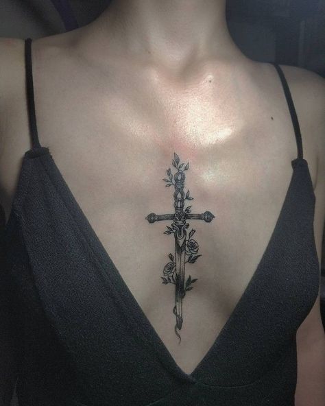 Rose With Swords Tattoo, Feminine Dark Tattoos, Tattoo Swords Woman, Swords Sternum Tattoo, Rose Sternum Tattoo Women, Sturnum Tattoos, Cool Sternum Tattoos, Sternum Rose Tattoo, Dagger Chest Tattoo Female