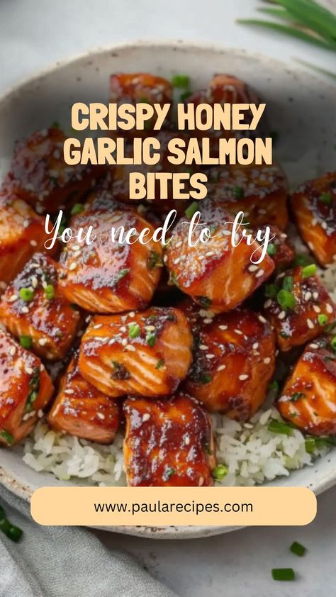 Golden and crispy with a honey garlic glaze that’ll have your taste buds dancing! These Salmon Bites are the ultimate appetizer or dinner treat. ✨🔥 #GoldenBites #GarlicLover #SalmonPerfection #BiteSizedDelight #HealthySnacking #SeafoodLovers #DinnerInMinutes #FlavorPacked #TastyTreats #FoodieFaves Glazed Salmon Bites, Honey Garlic Salmon Bites, Garlic Salmon Bites, Honey Garlic Glaze, Honey Glazed Salmon, Salmon Bites, Honey Garlic Salmon, Garlic Salmon, Honey Glazed