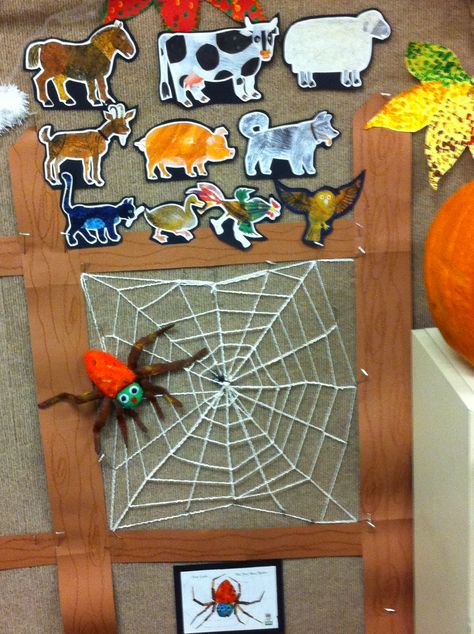 My Very Busy Spider - web on a fence near our classroom tree. Below is the name of the book above is all the animals. The spider i made out felt and painted colors on it My classroom walls have carpet. It's great using Velcro on it. So much fun. Each day we read 3 animals and I started weaving the web. Adding more animals and re reading the prior pages . The spider moves around and ends with a fly stuck in The middle of the web. Tons of fun Spider Anatomy, Nature Vocabulary, Classroom Tree, The Very Busy Spider, Spider Activities, Diy Spider, Spider Theme, Picture Book Activities, Color Sorting Activities