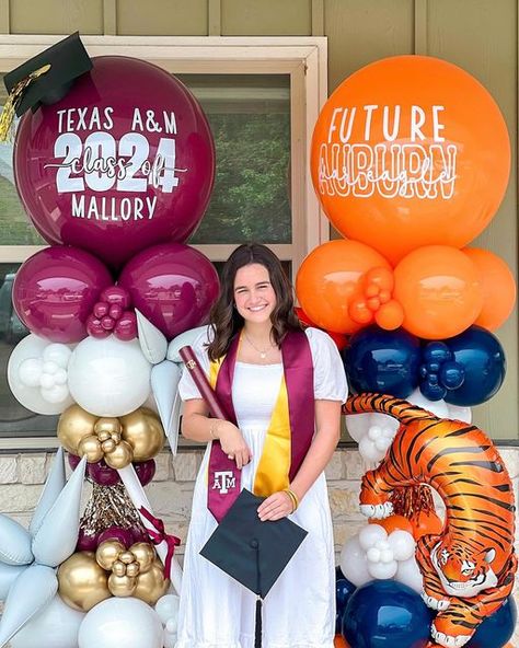 Bryan & College Station, Texas | Poppin’ Texas - Balloon Artists on Instagram: "Congrats to one of our very own, Mallory, on graduating 🎓🌟 We are so proud of you and cannot wait to cheer you on while you’re at Auburn 🐅 #AGGIE ➡️ #TIGER 🧡  • • •  #aggies #aggieland #crazytower #balloontower #balloondelivery #auburntigers #auburn #aggiegrad #gradballoons #graduationballoons" Aggie Party, Ut Graduation Party Ideas Texas Longhorns, Auburn Balloon Arch, Aggie Graduation Party, Texas A&m Balloon Garland, Balloon Tower, Graduation Balloons, College Station, Balloon Delivery