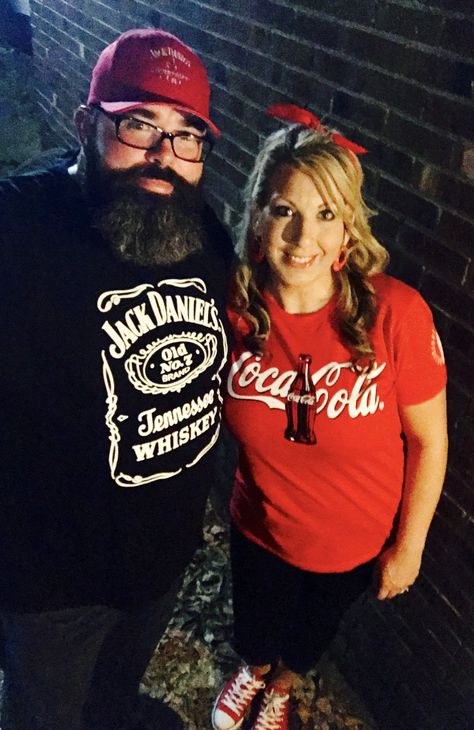 Jack & Coke Couple Halloween costumes Jack Daniels Costume, Husband And Wife Costumes, Office Group Halloween Costumes, Halloween Costumes Couple, Jack And Coke, Couples Halloween Costume, Couple Costumes, Halloween Express, Couples Halloween