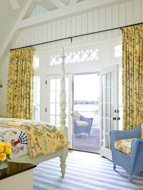 Love the fabrics Yellow Bedrooms, Yellow Bedroom Decor, Airy Bedroom, Yellow Cottage, Yellow Bedroom, Lake Geneva, Yellow Walls, Printed Curtains, Blue Decor