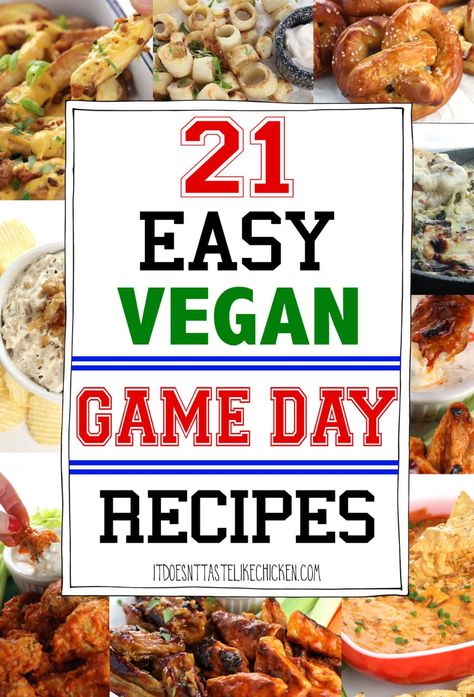 21 Easy Vegan Game Day Recipes! Everything from wings, to pretzels, Buffalo chicken dip, spinach and artichoke dip, loaded fries, nachos, and more. All made totally vegan! Perfect for the super bowl, any game day, or to satisfy your bar food cravings. #itdoesnttastelikechicken #veganrecipes #gameday Vegetarian Super Bowl Food, Tofu Dip, Fries Nachos, Crispy Buffalo Cauliflower, Vegetarian Super Bowl, Vegan Superbowl Food, Vegan Garlic Bread, Vegan Super Bowl, Super Bowl Menu