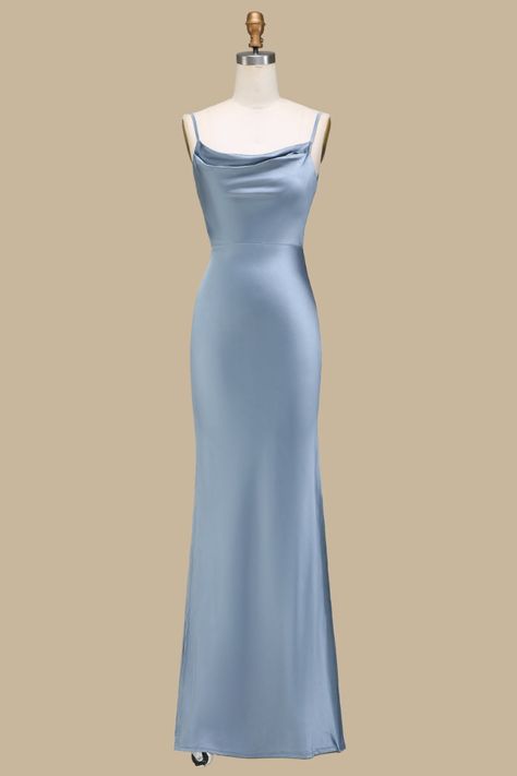 Be the belle of the ball in our Cowl Neck and Back Maxi Dress in Dusty Blue! With a stunning cowl neckline and back, delicate spaghetti straps and a flattering sheath skirt, this dress is perfect for bridesmaids and wedding guests alike. Look and feel elegant and graceful on any special occasion. Product Details   SKU: MD0965 Polyester Fabric Maxi Length Size: US 0-16. Check our Size Chart to get your correct size.  Recommend custom size for plus size. Free custom size service is available. Emai Baby Blue Prom Dress Long Silk, Steel Blue Formal Dress, Light Blue Dress Modest, Valeta Dresses, Silk Blue Prom Dress, Powder Blue Dresses, Pale Blue Formal Dress, Silk Light Blue Dress, Wedding Dress Guest Ideas