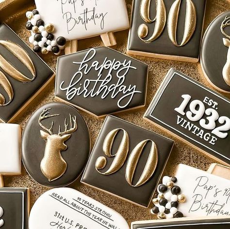 Olivia Russell on Instagram: "vintage birthday cookies 💡🎥🎞️🗝️🦌" Happy Birthday Plaque Cookies, Men Birthday Cookies, Vintage Birthday Cookies, 90 Birthday Cookies, 100th Birthday Cookies, 50 Birthday Cookies, 90th Birthday Cookies Decorated, Happy Birthday Cookies Decorated, 80th Birthday Cookies