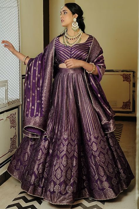 Purple Self Woven Vegan Silk lehenga Set Design by Safaa at Pernia's Pop Up Shop 2023 Luxury Purple Lehenga For Festive Occasions, Luxury Purple Lehenga For Festive Season, Luxury Purple Lehenga With Unstitched Blouse, Festive Purple Art Silk Lehenga, Purple Art Silk Bollywood Lehenga, Purple Lehenga, Silk Lehenga, Silhouette Crafts, Anarkali