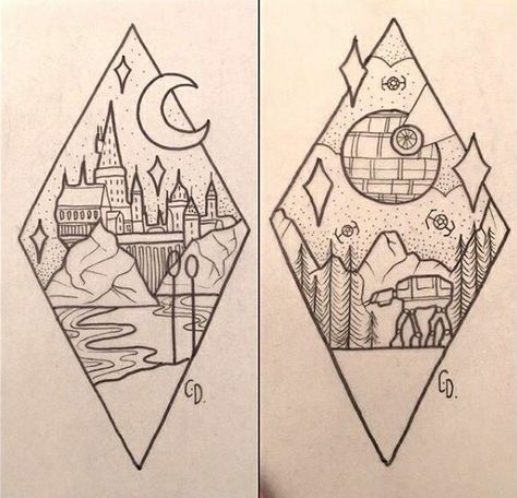 Harry Potter and Star Wars tattoos Couple Nerd Tattoos, Brother Sister Tattoo Pokemon, Nerdy Sibling Tattoos, Star Wars Tattoo Couple, Harry Potter Star Wars Tattoo, Star Wars Sibling Tattoos, Harry Potter Sibling Tattoos, Lord Of The Rings Couple Tattoo, Drawing Ideas Star Wars