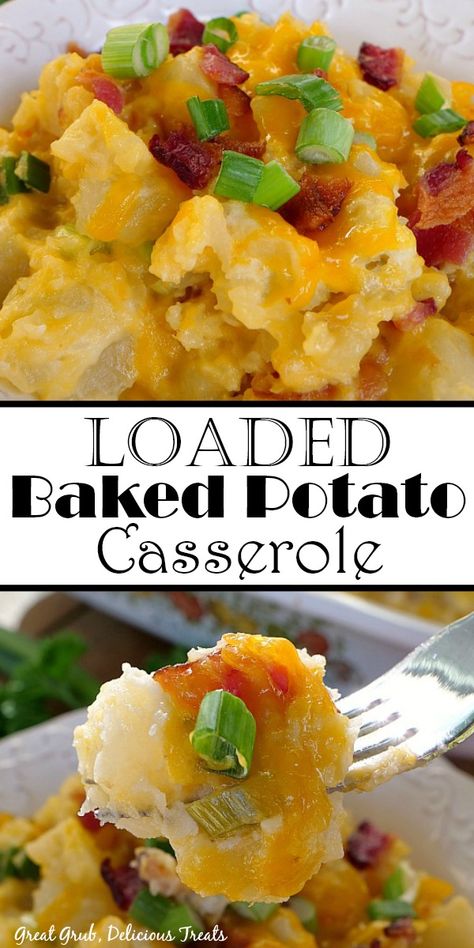 Loaded Baked Potato Casserole is a delicious side dish recipe packed full of flavor with bacon, sour cream, onions and cheese. #easycasseroles #dinnerrecipe #easypotatorecipes #loadedpotatocasserole #greatgrubdelicioustreats Creamy Potato Bake, Loaded Potato Casserole, Loaded Baked Potato Casserole, Bacon Casserole, Twice Baked Potatoes Casserole, Mashed Potato Casserole, Cheesy Potato Casserole, Baked Potato Casserole, Loaded Baked Potato