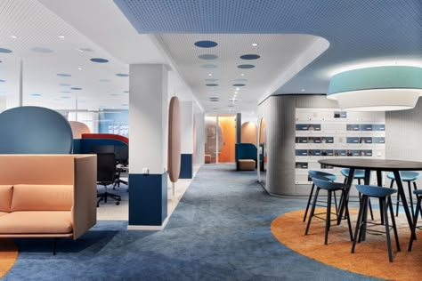 Aktion Mensch Offices - Bonn | Office Snapshots Colorful Office Space, Bonn Germany, Open Architecture, Upholstered Walls, Blue Office, Interior Office, Co Working Space, Lighting Concepts, Office Colors