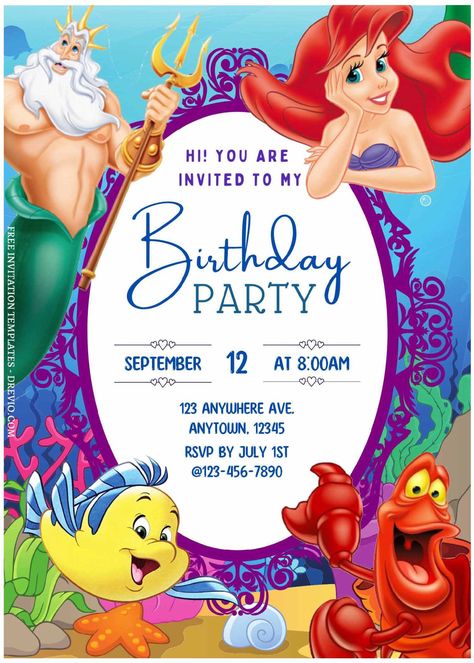 (Free Editable PDF) Princess Ariel Birthday Invitation Templates For Kids | Download Hundreds FREE PRINTABLE Birthday Invitation Templates Birthday Invitation Card For Kids, Mermaid Birthday Invitations Free, Kids Birthday Invitation Card, Little Mermaid Invitations, Make Birthday Invitations, Mermaid Birthday Party Invitations, Communication Cards, Mermaid Theme Birthday Party, Princess Theme Birthday Party