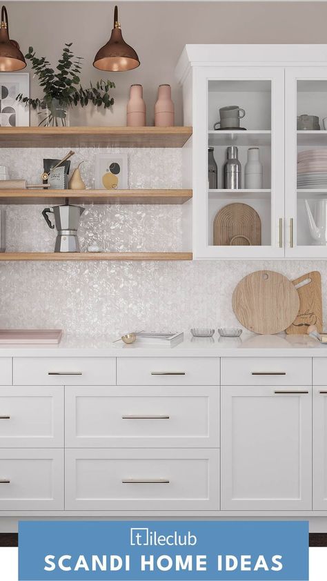 White Glass Backsplash, Mother Of Pearl Backsplash, Scandinavian Home Design, Shell Tiles, Diy Kitchen Backsplash, White Kitchen Design, Kitchen Concepts, Kitchen Benches, Coastal Kitchen