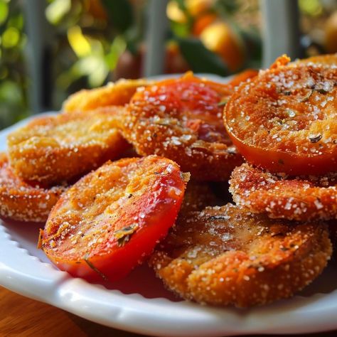 Fried Red Tomatoes Vegan Fried Green Tomatoes, Spiced Vegetables, Fried Tomatoes, Vegan Fries, Garden Tomatoes, Tomatoes Recipe, Fried Green, Chicken And Biscuits, Sunday Recipes