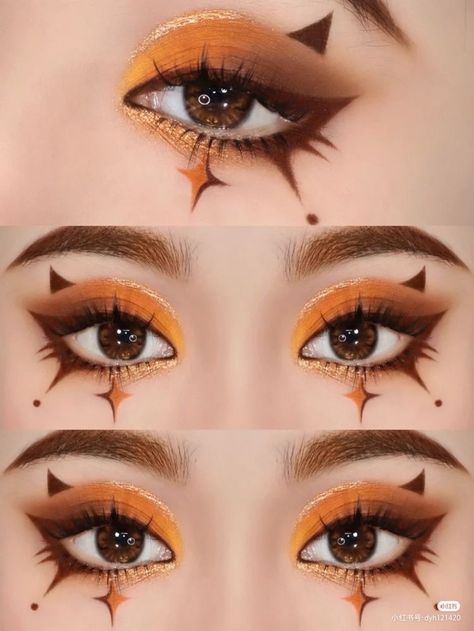 Question Mark Makeup, Maniac Skz Inspired Makeup, Yellow Alt Makeup, Eclipse Makeup Ideas, Kaleidos Escape Pod Looks, Graphic Eye Makeup Looks, Winter Solstice Makeup, Rhinestone Makeup Ideas, Sun And Moon Makeup Look