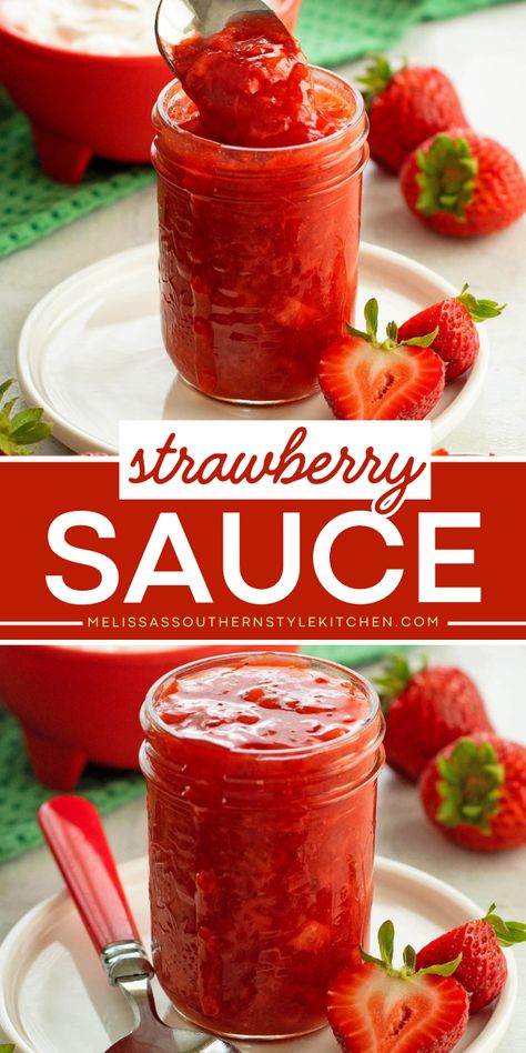 Make your summer condiments stand out with our Strawberry Sauce recipe! This DIY condiment is fresh, chunky, and simple to make. Perfect for adding a fruity twist to your dishes, homemade strawberry sauce is a summer essential. Strawberry Sauce Recipe Simple, Chocolate Sauce For Strawberries, Strawberry Topping Recipe, Strawberry Drizzle Sauce, Fruit Sauce Recipe, Strawberry Syrup Recipe, Strawberry Sauce Recipe, Sweets Cupcakes, Strawberry Doughnut