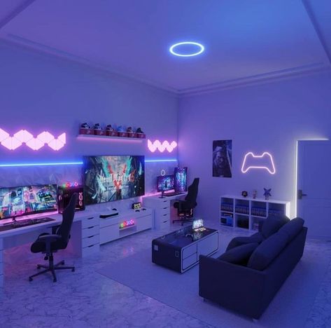 Couple Gaming Room Setup, Games Room Inspiration, Pc Room, Small Game Rooms, Gamer Bedroom, Gaming Room Ideas, Purple Lighting, Computer Gaming Room, Gaming Rooms