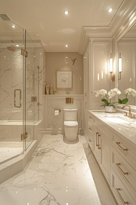 29 Small Bathroom Ideas for a Fresh and Clean Aesthetic - My Elegant Home Master Bathrooms Luxury, Dream Bathroom Luxury, Fancy Bathroom, Pretty Bathrooms, Gorgeous Bathroom, Bathroom Design Decor, Bathroom Remodel Shower, Bathroom Inspiration Decor, Bathroom Design Luxury