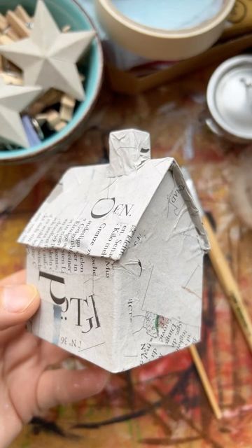 Paper Mache Christmas House, Papier Mache Ornaments, Emergency Folder, Paper Mache Houses, Paper Mache Christmas Ornaments, Paper Mache Art Projects, Paper Mache House, Cottage Miniature, Paper Mache Christmas