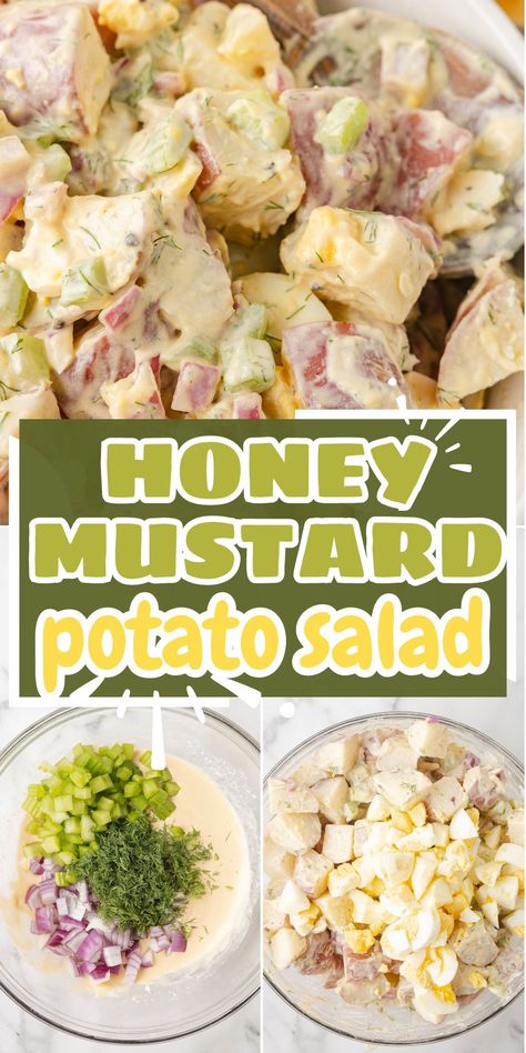 Honey Mustard Potato Salad is a creamy potato salad with sweet honey mustard, tender red potatoes, crisp celery, hard-boiled eggs, all smothered in a creamy dressing seasoned to perfection. This potato salad is the perfect side dish for any summertime gathering, BBQ, or potluck. Honey Mustard Potato Salad, Mustard Potato Salad Recipe, Mustard Potato Salad, Agua Fresca Recipe, Potatoe Salad, Bbq Potatoes, Potato Salad Recipe Easy, Potato Salads, Easy Potato Salad