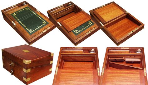 Victorian Walnut Writing Slope With Secret Drawers  - click to enlarge. Victorian Writing Desk, Victorian Writing, Shelf Plans, Writing Slope, Antique Writing Desk, Drawing Desk, Brass Corners, Leather Trunk, Campaign Furniture