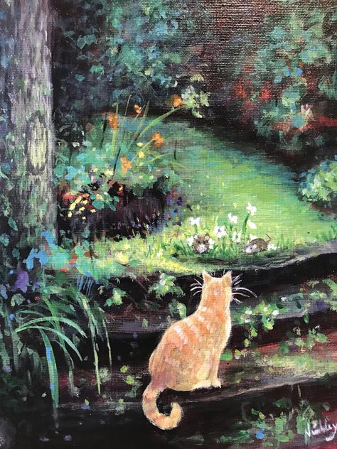 To go or not to go? It's one step up and two steps down for Leon the Neon Cat. But what lies ahead for an orange cat, at the foot of the enchanted forest? An Original painting in acrylic from The Cat Collection series. Cat Landscape Painting, Cat In Forest Drawing, Enchanted Forest Painting Acrylic, Cat Painting Aesthetic, Painting Cats Acrylic, Forest Aesthetic Painting, Orange Cat Wallpaper, Orange Cat Drawing, Orange Cat Painting