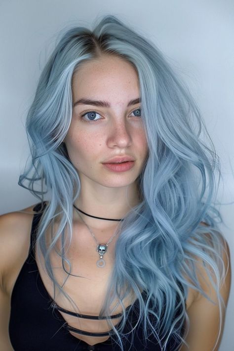 Periwinkle Hair Dark Roots, Light Blue Money Piece Hair, White Hair With Blue Highlights, Platinum Blue Hair, Greyish Blue Hair, Sky Blue Hair Color, Gray Blue Hair, Light Blue Hair Color, Smokey Blue Hair