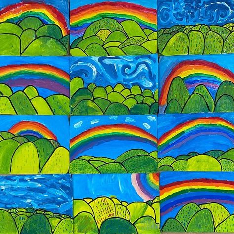 St Patrick’s Day Art Projects For Kids, Kindergarten Rainbow Art, 1st Grade Spring Art Projects, Spring Art Lessons Elementary, Kindergarten Art Projects Spring, Spring Art Lessons, Rainbow Art Projects, Landscape Art Lessons, Line Art Lesson