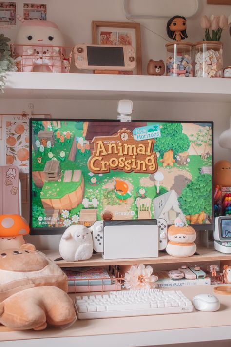 Nintendo Switch Desk Setup, Animal Crossing Gaming Setup, Acnh Cottagecore Bedroom, Cottagecore Gaming Setup, Acnh Gaming Room, Nintendo Girl, Nintendo Aesthetic, Cottagecore Bedroom Ideas, Cottagecore Interior