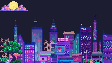 Desktop Wallpaper Retro, City Desktop Wallpaper, Retro Desktop Wallpaper, Neon City Lights, City Lights Wallpaper, Pixel City, Theme White, Desktop Themes, Art Galleries Design