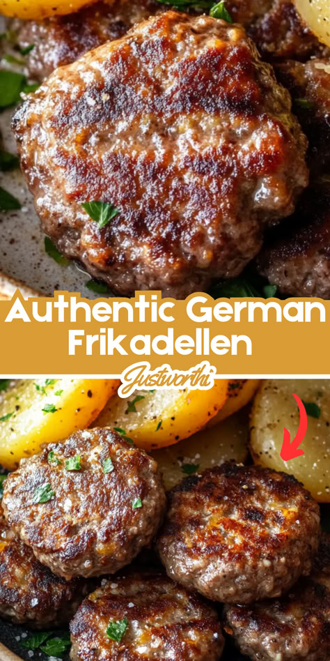 Frikadellen, often referred to as German hamburgers, are a traditional comfort food beloved for their juicy texture and flavorful spices. These pan-fried patties are versatile and can be enjoyed as a main dish, snack, or even in a sandwich. Hamburger Onion Recipes, Foods To Make With Hamburger Meat, Ground Pork Beef Recipes, German Burgers Recipes, German Hamburger Recipes, German Ground Beef Recipes, Football Main Dish, Hamburger Patty Dinner Ideas, Dinner Around The World Ideas