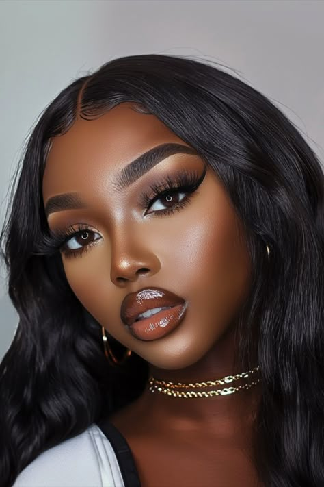 Think flawless skin, bold brows, glossy lips, and a touch of highlighter for that glow.  #SoftBaddie #GlowUp #FlawlessMakeup #BaddieVibes #EffortlessGlam Soft Contrast Makeup, Long Lashes Makeup Look, Makeup Ideas Date Night, Natural Glam Makeup Looks For Brown Eyes, Soft Make Up Glam, 25th Birthday Makeup Ideas, Formal Makeup Inspiration, Glitter Inner Corner Eye Makeup, Natural Bold Makeup Looks